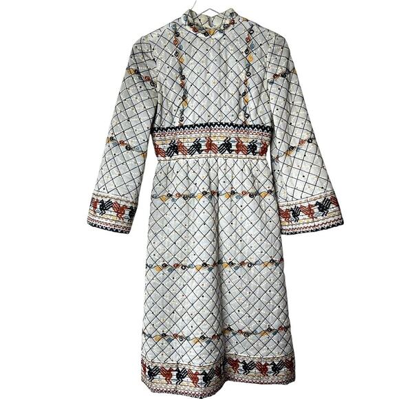 Vintage Dresses & Skirts - Pat Sandler Vintage Quilted Dress Embroidered Long Sleeve Tribal Print XS